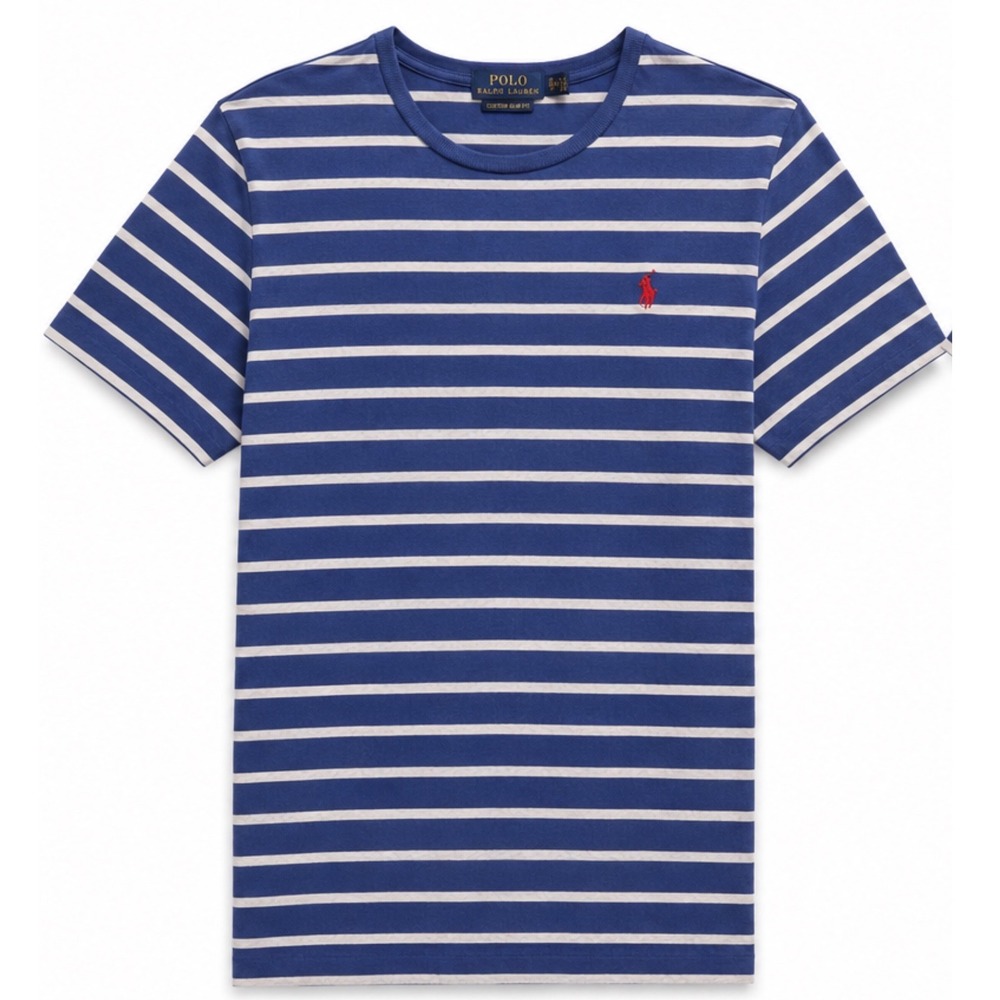 Polo Ralph Lauren Blue White Striped Custom Slim Fit T-Shirt XL Red Pony Logo